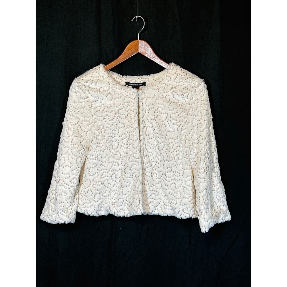 MASON THOMAS Faux Fur Gold Sequenced Evening Jacket M Holiday Glam Mob Wife